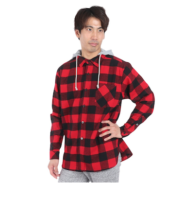 フーディー フランネルシャツ IPDFLRP-703-BK/RD