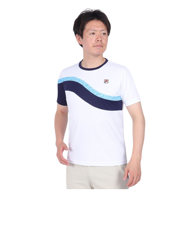 フィラ（FILA）テニスウェア ゲームシャツ 波間プリント バックホールメッシュ クルーネックTシャツ VM5682-01 速乾