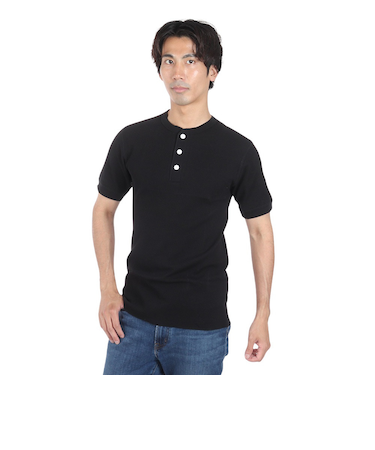 ヘルスニット（Healthknit）ベーシックワッフル ヘンリーネック 半袖Tシャツ 601S BLK