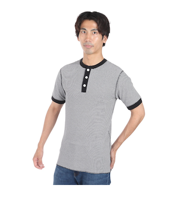 ヘルスニット（Healthknit）ベーシックワッフル ヘンリーネック 半袖Tシャツ ボーダー 601S BLK/OFF