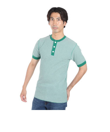 ヘルスニット（Healthknit）ベーシックワッフル ヘンリーネック 半袖Tシャツ ボーダー 601S GRN/OFF