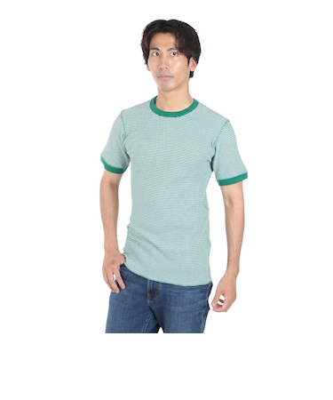 ヘルスニット（Healthknit）ベーシックワッフル クルーネック 半袖Tシャツ ボーダー 602S GRN/OFF