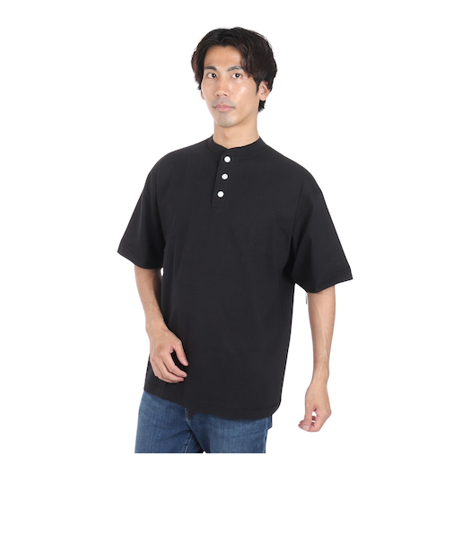 ヘルスニット（Healthknit）USAコットン ヘンリーネック 半袖Tシャツ HR24S-M002 BLK
