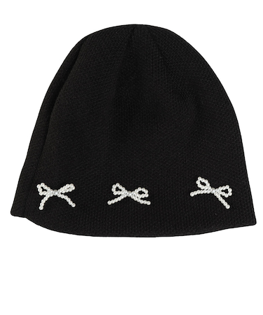 パールリボン付 ニット帽 WG257 BK 黒