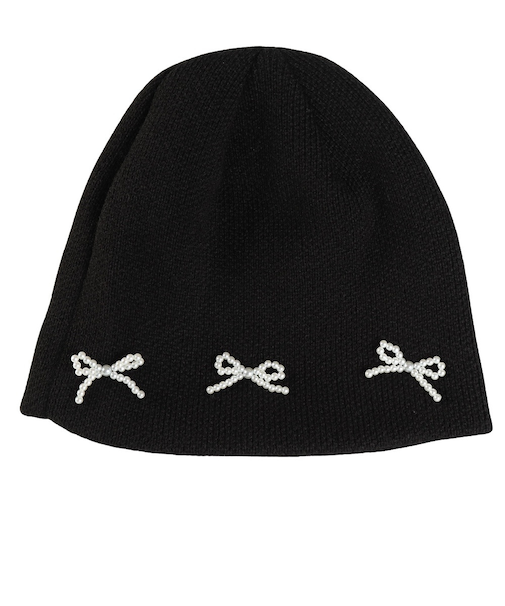 パールリボン付 ニット帽 WG257 BK 黒