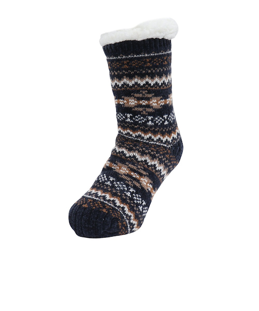 ルームソックス 裏ボア フェアアイル柄 クルー丈 1L435W NVY ネイビー 25cm