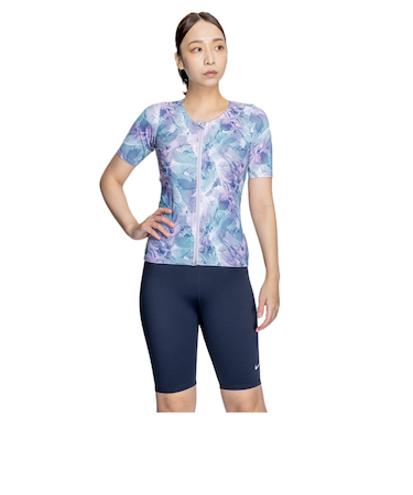 ナイキ（NIKE）フィットネス水着 レディース 水泳 総柄ジップ付き半袖セパレーツ 2993131-018