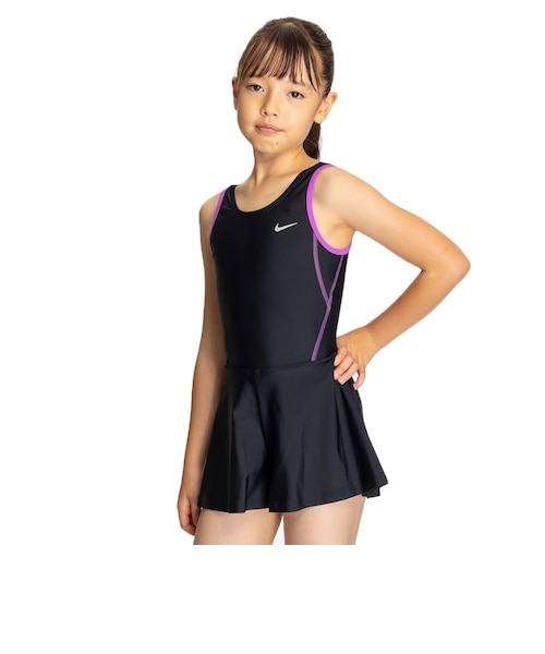 黒と紫の女の子用スクール水着 ナイキ（NIKE）スクール水着 ジュニア 女子 水泳 キュロットワンピース