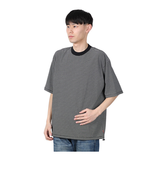 ヘルスニット（Healthknit）ナローボーダー ワイドクルーネック 半袖Tシャツ 51033 BLK/NAT