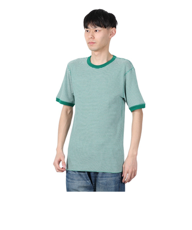ヘルスニット（Healthknit）ベーシックワッフル クルーネック 半袖Tシャツ ボーダー 602S GRN/OFF