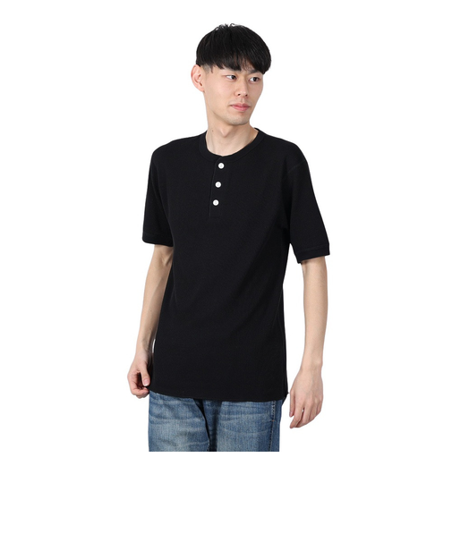 ヘルスニット（Healthknit）ベーシックワッフル ヘンリーネック 半袖Tシャツ 601S BLK