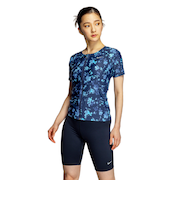 ナイキ（NIKE）フィットネス水着 水泳 総柄ジップ付き半袖セパレーツ 上下セット 紺 M-LLサイズ 2993149-008