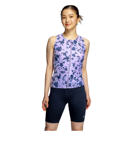 ナイキ（NIKE）フィットネス水着 水泳 総柄ジップ付きセパレーツ 上下セット 紫 M-LLサイズ 2993148-024