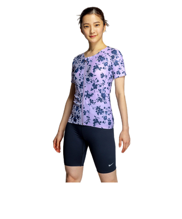 ナイキ（NIKE）フィットネス水着 水泳 総柄ジップ付き半袖セパレーツ 上下セット 紫 M-LLサイズ 2993149-024