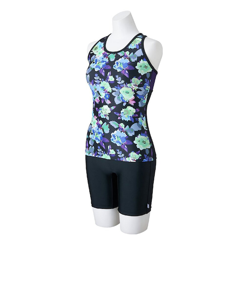 ミズノ（MIZUNO）アクアフィットネス用水着 レディース 水泳 セパレーツ めくれにくいボタン付 黒×紫 S-LLサイズ N2JGC81297