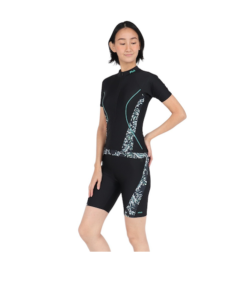 フィラ(FILA)フィットネス水着 レディース 水泳 リーフ柄プリント ジップセパレート 黒 ブラック M-LLサイズ 315… フィラ（FILA）フィットネス水着 レディース 水泳 リーフ柄プリント