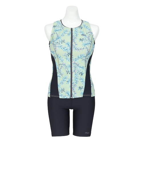 フィラ（FILA）フィットネス水着 レディース 水泳 リーフ柄プリント フルジップ セパレート カーキ M-LLサイズ 315606-KH