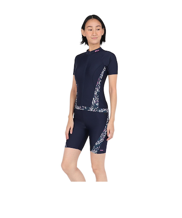 フィラ（FILA）フィットネス水着 レディース 水泳 リーフ柄プリント ジップセパレート 紺 ネイビー M-LLサイズ 315607-NV