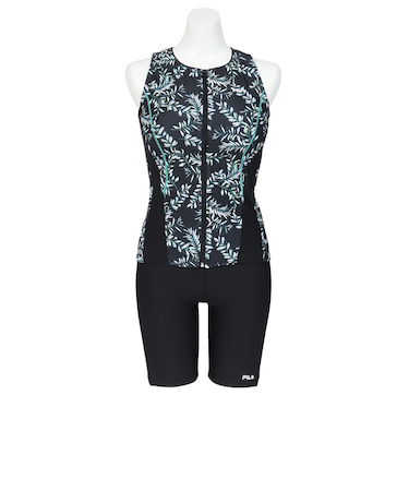 フィラ（FILA）フィットネス水着 レディース 水泳 リーフ柄プリント フルジップ セパレート 黒 ブラック M-LLサイズ 315606-BK