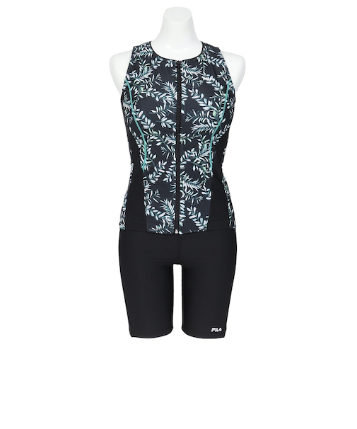 フィラ（FILA）フィットネス水着 レディース 水泳 リーフ柄プリント フルジップ セパレート 黒 ブラック M-LLサイズ 315606-BK