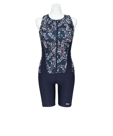 フィラ（FILA）フィットネス水着 レディース 水泳 リーフ柄プリント フルジップ セパレート 紺 M-LLサイズ 315606-NV
