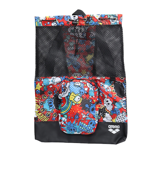 アリーナ（ARENA）水泳バッグ メッシュバックパック 総柄 約9L 赤×シルバー AS6SBP16U RDSL ナップザック アリーナくん