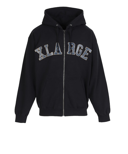 エクストララージ（XLARGE）PERFORATED レザー ロゴ ジップ アップ フーデッド スウェットシャツ 101261012007-BLACK