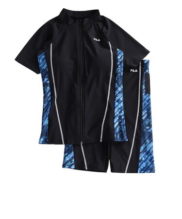 フィラ（FILA）フィットネス水着 レディース 水泳 プリント ジップセパレート水着 黒×紺 M-LLサイズ 316605-BNV 半袖 上下セット ジップ