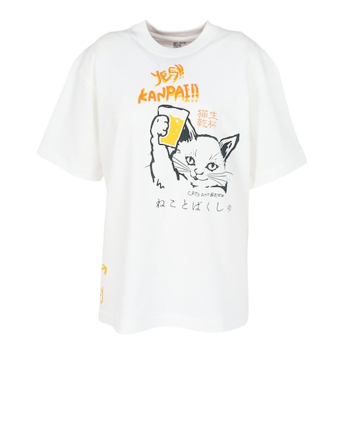 ゴースローキャラバン（GOSLOWCARAVAN）RAY綿 猫と麦酒 半袖Tシャツ 猫生乾杯 362616 WHT