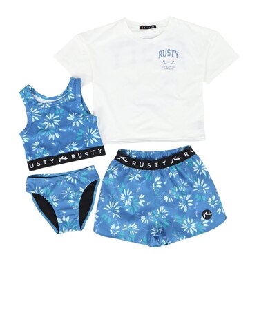 ラスティ（RUSTY）水着 キッズ 裾ドロストニコちゃんラッシュTシャツ付き 4点セット 966801BL