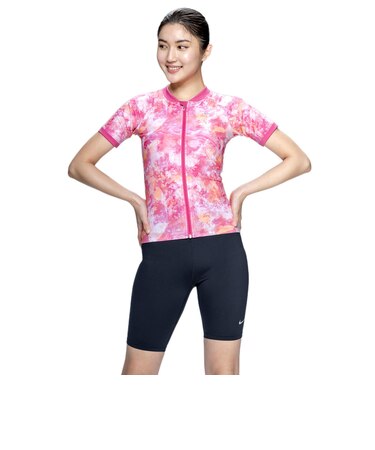 ナイキ（NIKE）フィットネス水着 レディース 水泳 FA26シーズン プリント 半袖 セパレーツ ピンク M-LLサイズ 2993175-0003 上下セット
