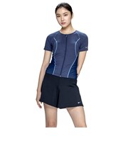 ナイキ（NIKE）フィットネス水着 レディース 水泳 半袖 ジップ セパレーツ 紺 M-LLサイズ 2993171-0381 上下セット フレアシルエット
