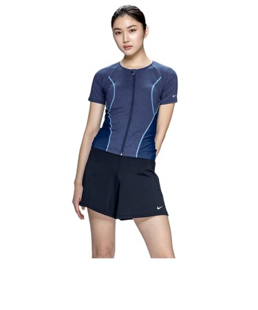ナイキ（NIKE）フィットネス水着 レディース 水泳 半袖 ジップ セパレーツ 紺 M-LLサイズ 2993171-0381 上下セット フレアシルエット