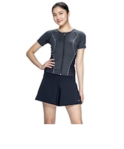 ナイキ（NIKE）フィットネス水着 レディース 水泳 半袖 ジップ セパレーツ 黒 M-3Lサイズ 2993171-0009 上下セット フレアシルエット