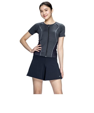 ナイキ（NIKE）フィットネス水着 レディース 水泳 半袖 ジップ セパレーツ 黒 M-3Lサイズ 2993171-0009 上下セット フレアシルエット