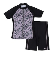 フィラ（FILA）フィットネス水着 レディース 水泳 袖付きチェック柄プリントジップセパレート 346602-BK