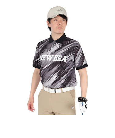 ニューエラ（NEW ERA）ゴルフウェア 吸汗速乾 半袖 鹿の子 ポロシャツ Palm Leaf Camo ブラック 14391488