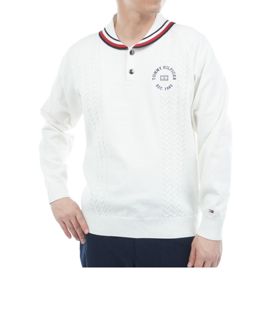 ゴルフウェア ケーブル柄 ショールカラーニット THMA572-WHT