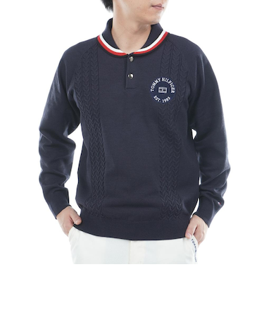 ゴルフウェア 保温 ケーブル柄 ショールカラーニット 長袖 THMA572-NVY