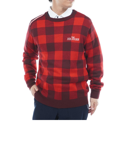 ゴルフウェア チェックジャガード クルーネックニット THMA571-RED