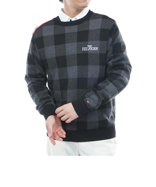 ゴルフウェア チェックジャガード クルーネックニット 長袖 THMA571-BLK