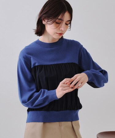 ギャザーフハクドッキングニット【洗濯機洗い可】