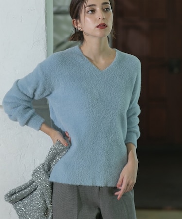 《5color/S-LLsize》フェザーヤーンVネックニット【洗濯機洗い可／抗ピル】