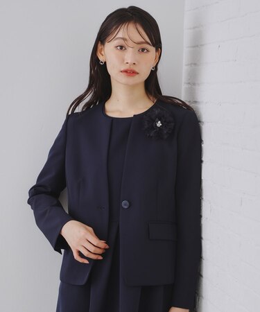 《通勤・セレモニーセットアップ対応》キーネックジャケットダブルクロス【洗濯機洗い可】