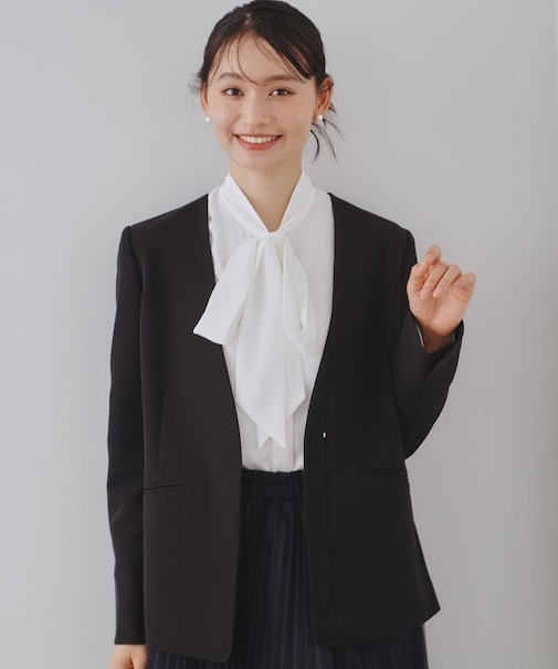 《通勤・セレモニー/セットアップ対応》Vネックジャケット/ダブルクロス【洗濯機洗い可】