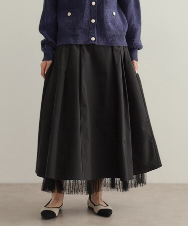 裾チュールプリーツドッキング タックフレアスカート【洗濯機洗い可】
