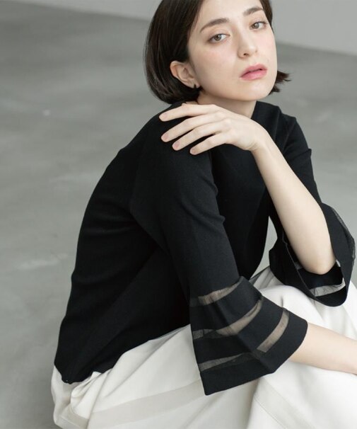 《6色展開》シアーボーダーフレアスリーブニット【洗濯機洗い可】