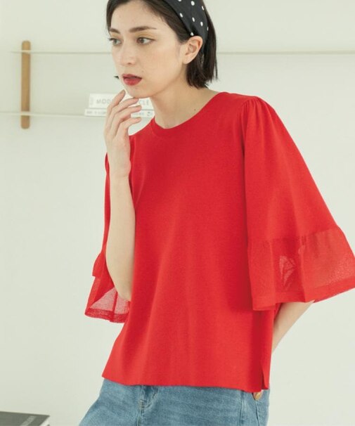 《5色展開》シアーフレアスリーブニット【洗濯機洗い可】