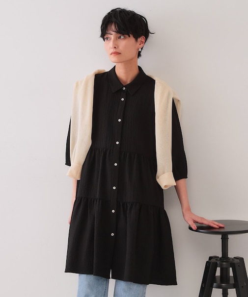 ふくれジャカードティアードチュニックブラウス【洗濯機洗い可】