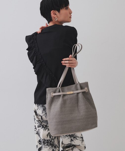 フロントベルトデザイン雑材合皮コンビトートバッグ